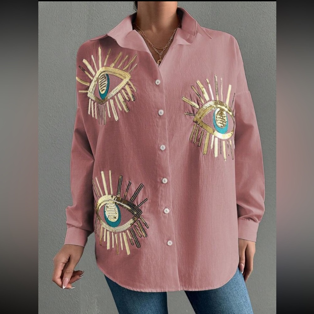 Boho pink blue eye embroidered button down long sleeve shirt - Picture 5 of 5